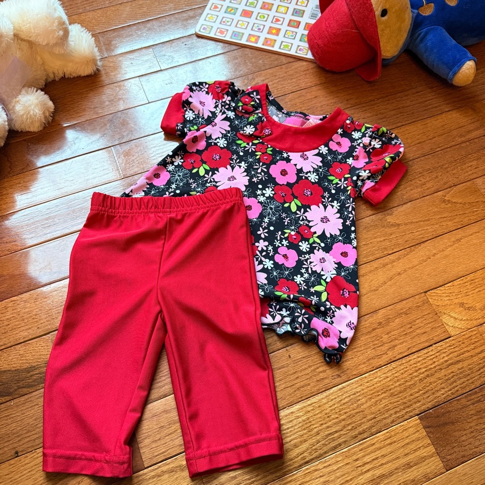 Vintage Little Lindsey Y2K Toddler Floral Top w/ Bright Red Capri Pants SET, 12m
